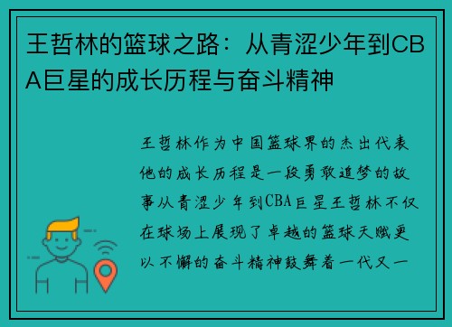 王哲林的篮球之路：从青涩少年到CBA巨星的成长历程与奋斗精神